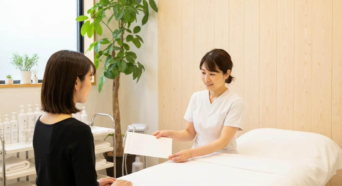 カウンセリングで肌の状態を確認しながら話す施術者とお客様の手元